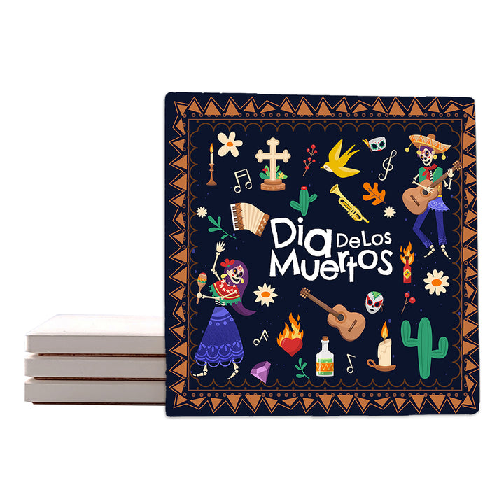 Krebs Sugar Skull Ceramic Coaster Set of 4-4" | Day of the Dead Gift, Halloween, Bar Accessories, Man Cave, Home Décor