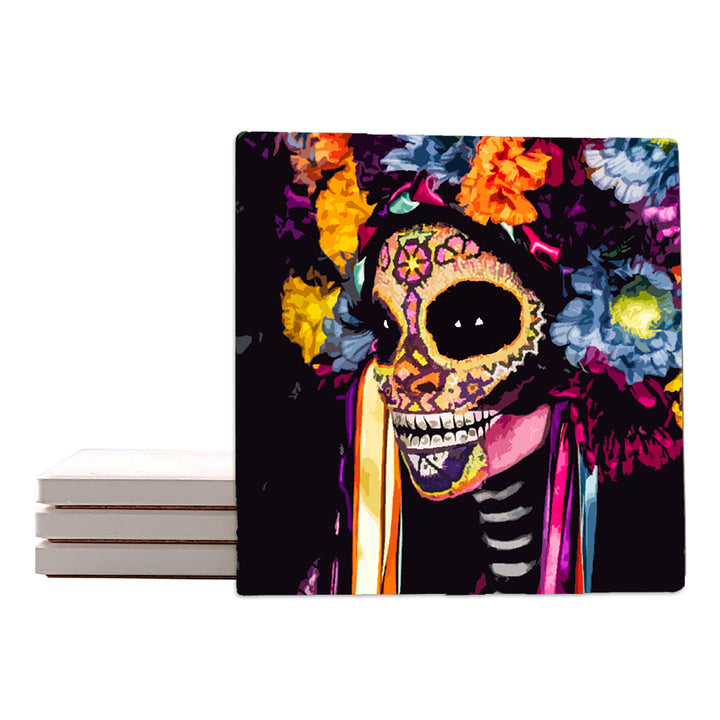Krebs Sugar Skull Ceramic Coaster Set of 4-4" | Day of the Dead Gift, Halloween, Bar Accessories, Man Cave, Home Décor