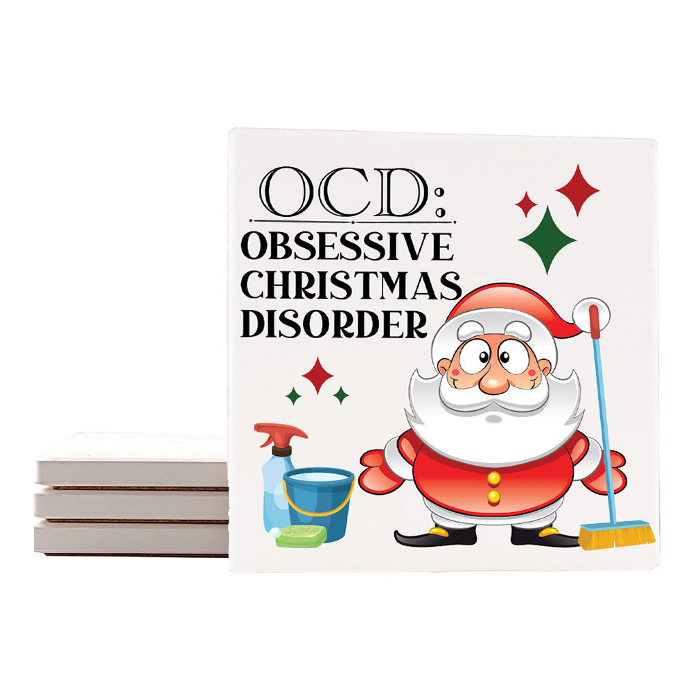 [Set of 4] 4" Premium Absorbent Ceramic Square Christmas Holiday Humor Gift Housewarming Coasters
