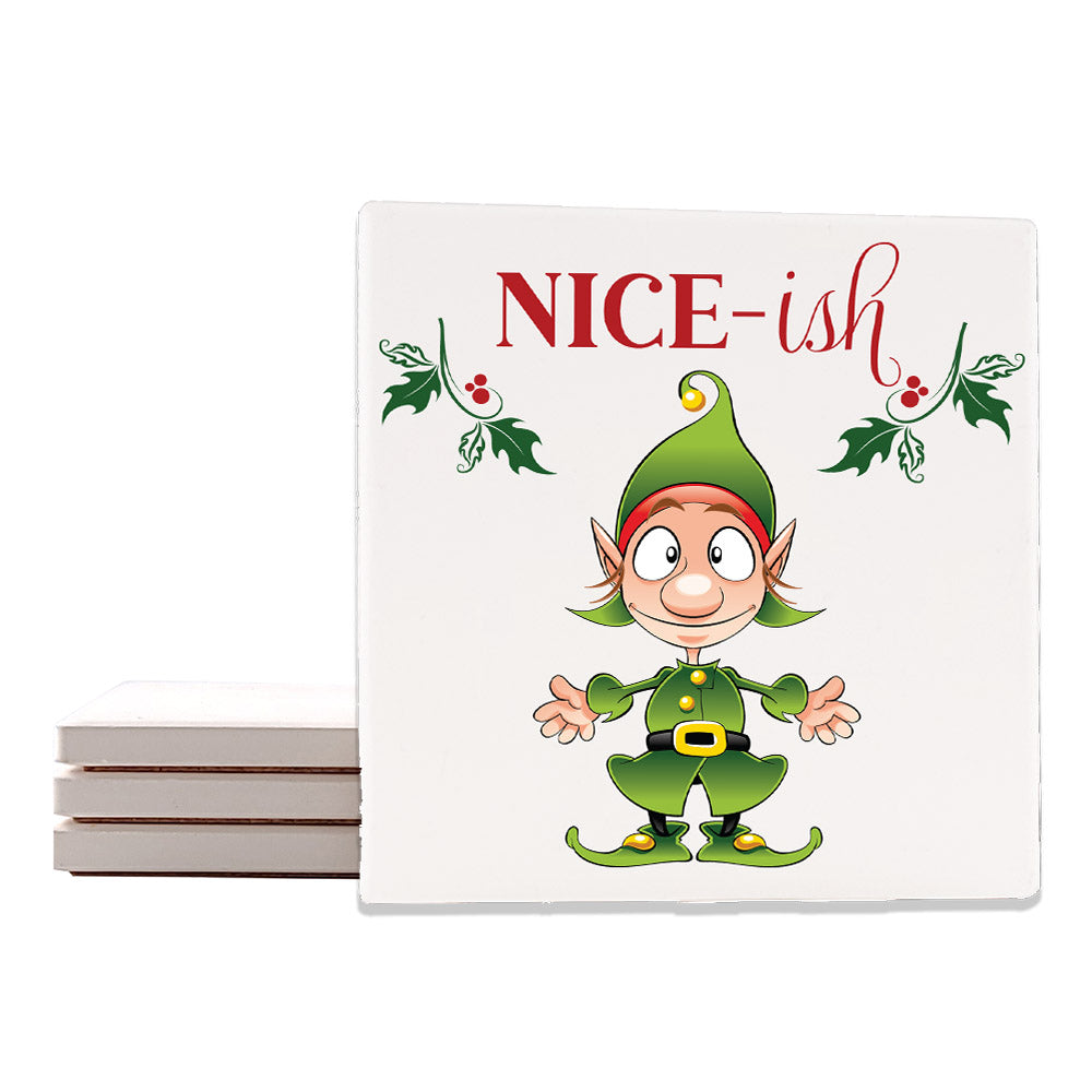 [Set of 4] 4" Premium Absorbent Ceramic Square Christmas Holiday Humor Gift Housewarming Coasters