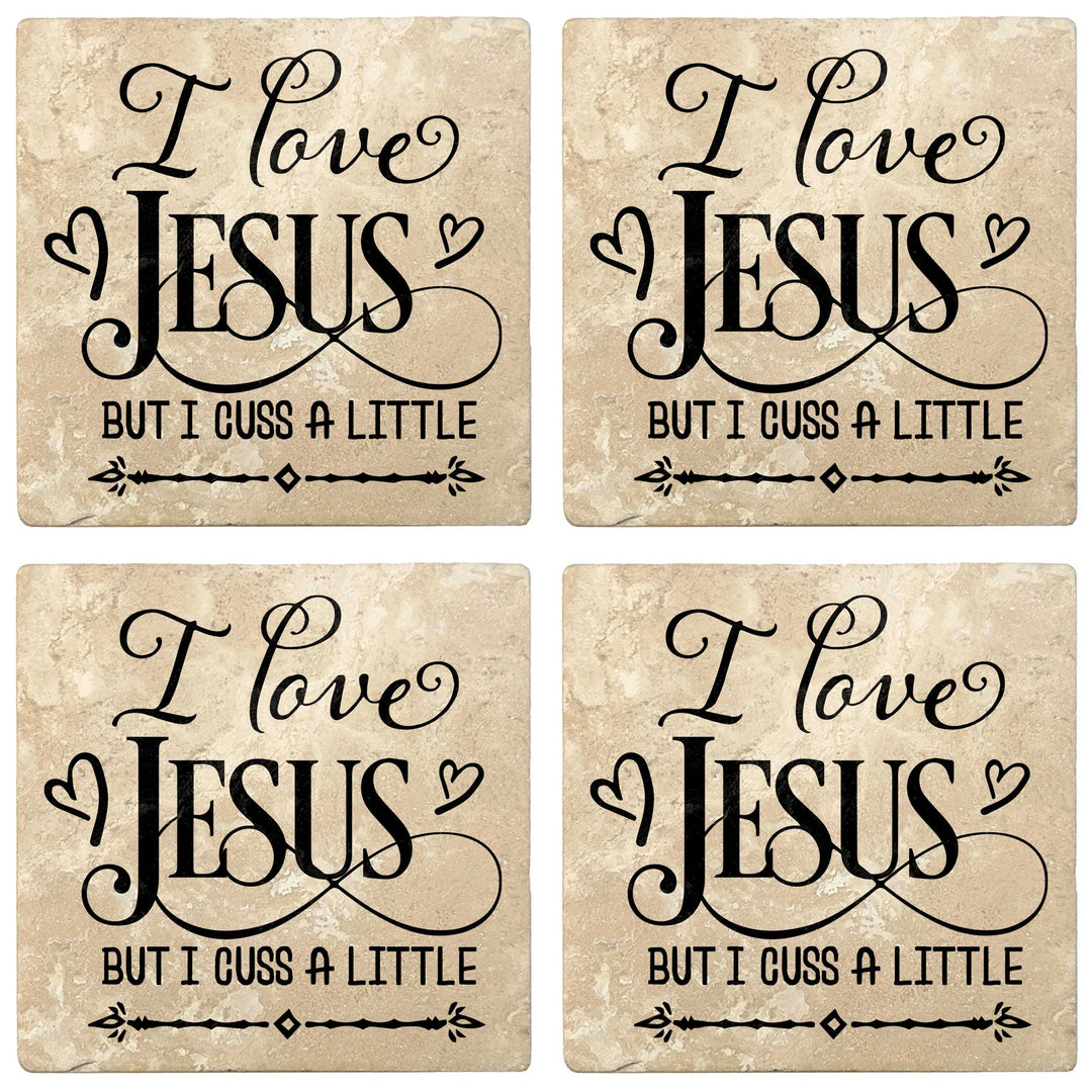 4" Absorbent Stone Religious Drink Coasters, I Love Jesus But I Cuss A Little, 2 Sets of 4, 8 Pieces - Christmas by Krebs Wholesale