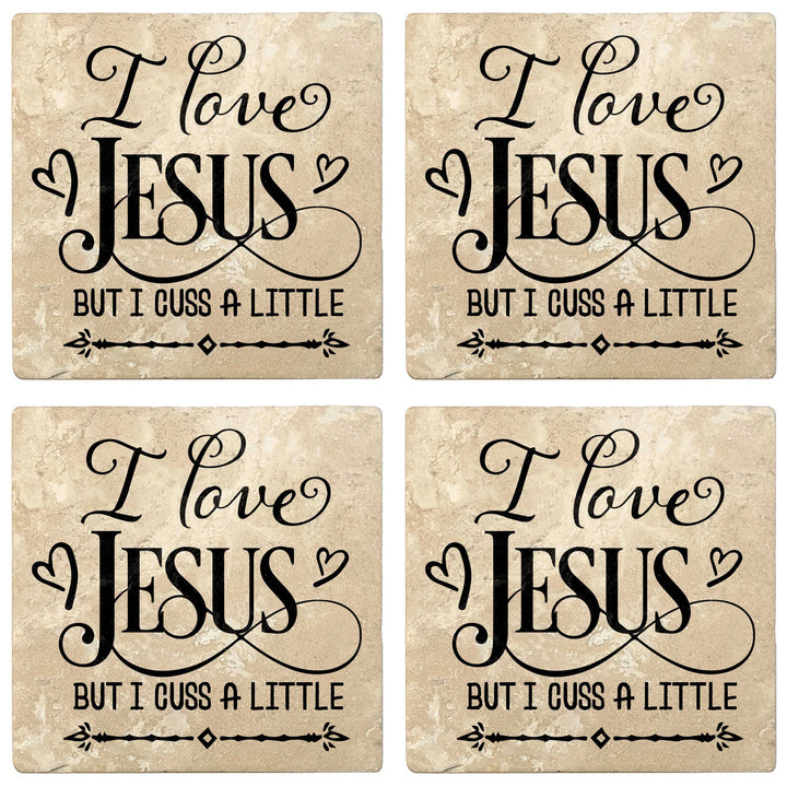 4" Absorbent Stone Religious Drink Coasters, I Love Jesus But I Cuss A Little, 2 Sets of 4, 8 Pieces - Christmas by Krebs Wholesale