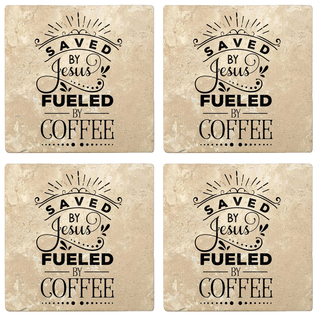4" Absorbent Stone Religious Drink Coasters, Saved By Jesus, Fueled By Coffee, 2 Sets of 4, 8 Pieces - Christmas by Krebs Wholesale
