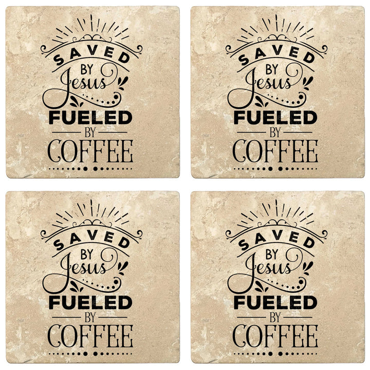 4" Absorbent Stone Religious Drink Coasters, Saved By Jesus, Fueled By Coffee, 2 Sets of 4, 8 Pieces - Christmas by Krebs Wholesale