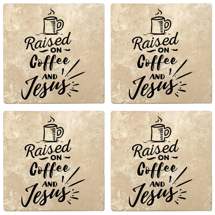 4" Absorbent Stone Religious Drink Coasters, Raised On Coffee And Jesus, 2 Sets of 4, 8 Pieces - Christmas by Krebs Wholesale