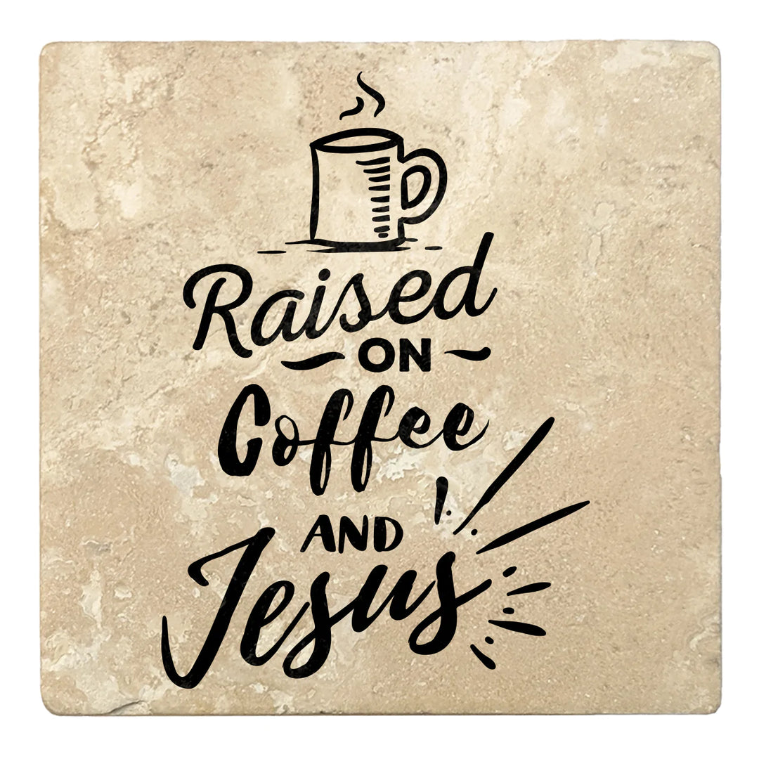 4" Absorbent Stone Religious Drink Coasters, Raised On Coffee And Jesus, 2 Sets of 4, 8 Pieces - Christmas by Krebs Wholesale
