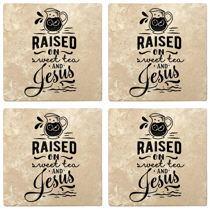 4" Absorbent Stone Religious Drink Coasters, Raised On Sweet Tea And Jesus, 2 Sets of 4, 8 Pieces - Christmas by Krebs Wholesale