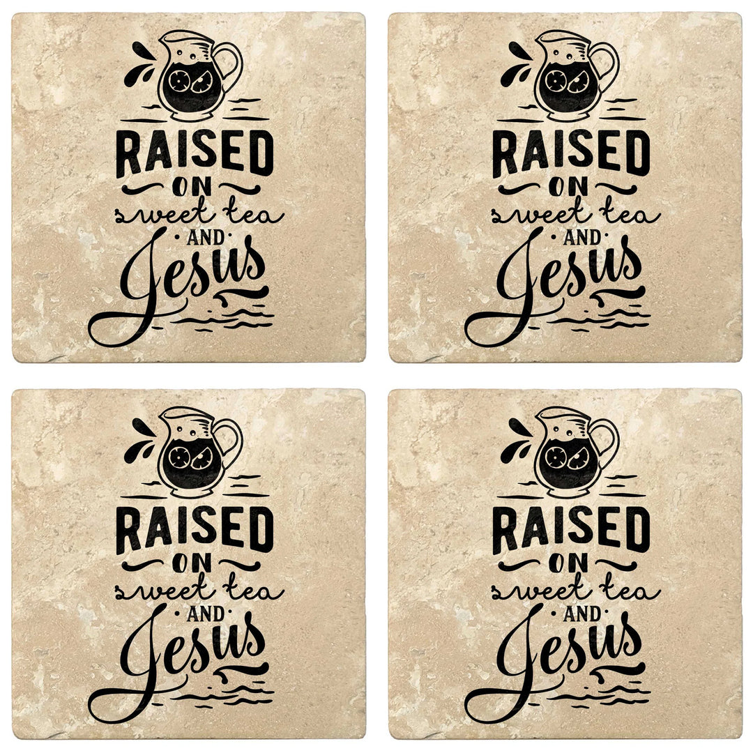 4" Absorbent Stone Religious Drink Coasters, Raised On Sweet Tea And Jesus, 2 Sets of 4, 8 Pieces - Christmas by Krebs Wholesale