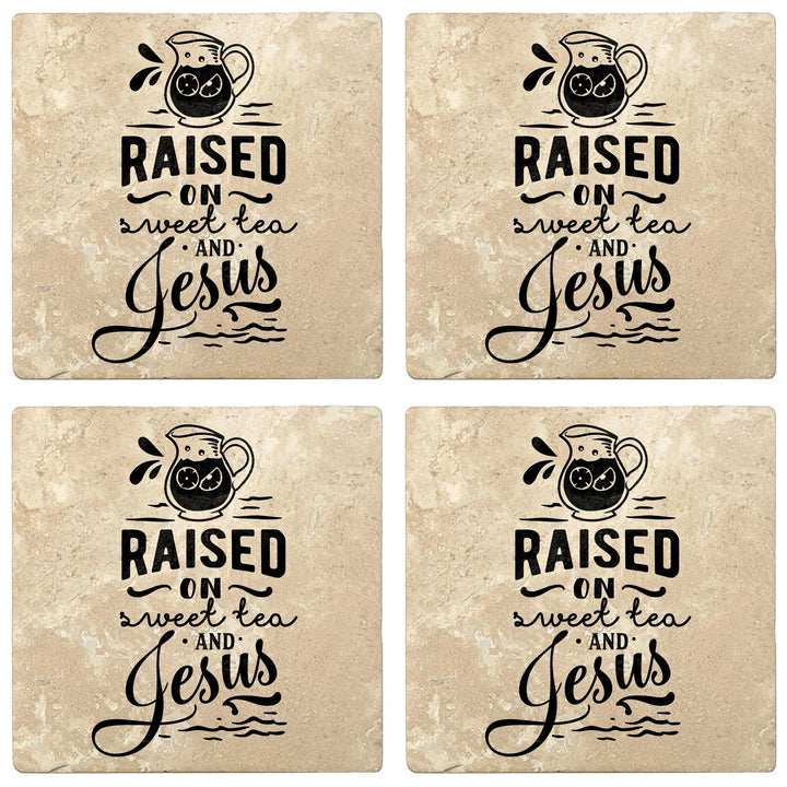 4" Absorbent Stone Religious Drink Coasters, Raised On Sweet Tea And Jesus, 2 Sets of 4, 8 Pieces - Christmas by Krebs Wholesale