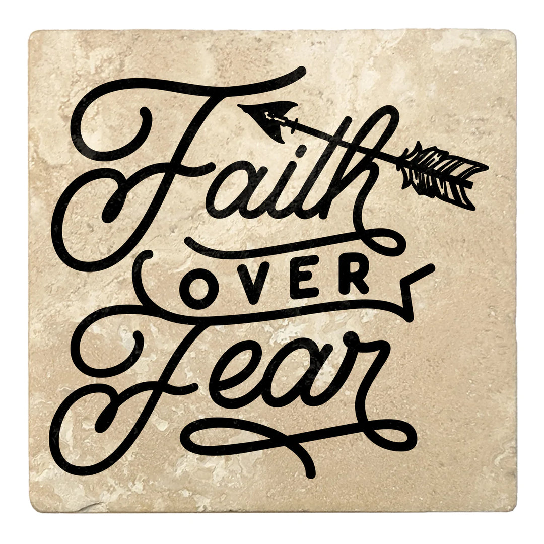 4" Absorbent Stone Religious Drink Coasters, Faith Over Fear, 2 Sets of 4, 8 Pieces - Christmas by Krebs Wholesale