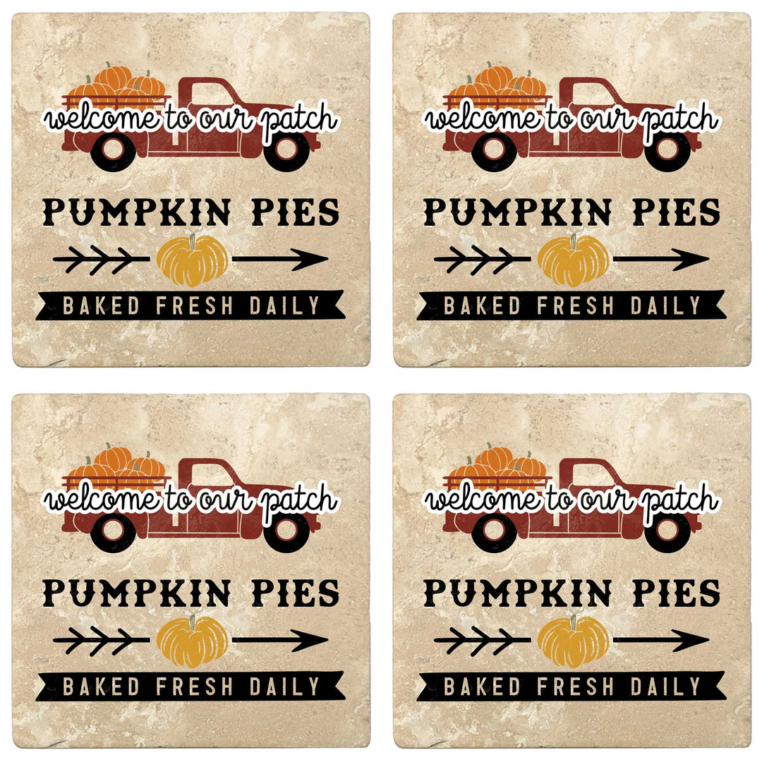 4" Absorbent Stone Fall Autumn Coasters, Welcome Pumpkin Pies Baked Fresh Daily, 2 Sets of 4, 8 Pieces - Christmas by Krebs Wholesale