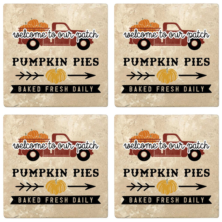 4" Absorbent Stone Fall Autumn Coasters, Welcome Pumpkin Pies Baked Fresh Daily, 2 Sets of 4, 8 Pieces - Christmas by Krebs Wholesale