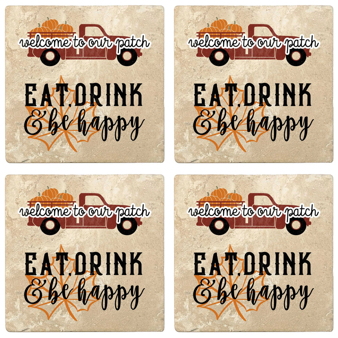 4" Absorbent Stone Fall Autumn Coasters, Welcome To Our Patch, Eat Drink & Be Happy, 2 Sets of 4, 8 Pieces - Christmas by Krebs Wholesale