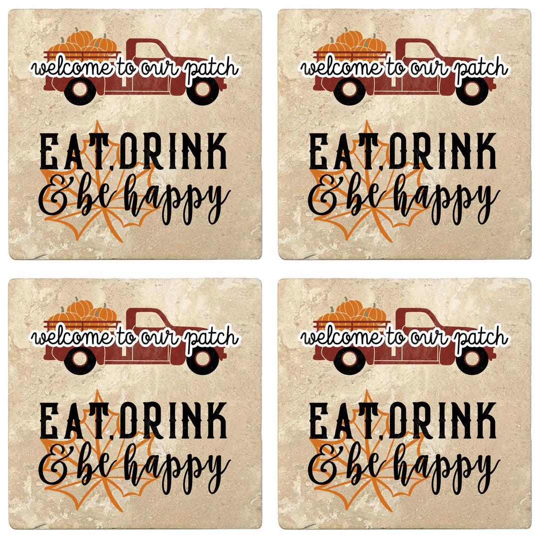 4" Absorbent Stone Fall Autumn Coasters, Welcome To Our Patch, Eat Drink & Be Happy, 2 Sets of 4, 8 Pieces - Christmas by Krebs Wholesale