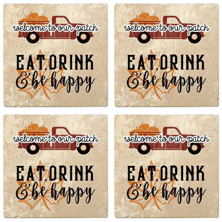 4" Absorbent Stone Fall Autumn Coasters, Welcome To Our Patch, Eat Drink & Be Happy, 2 Sets of 4, 8 Pieces - Christmas by Krebs Wholesale