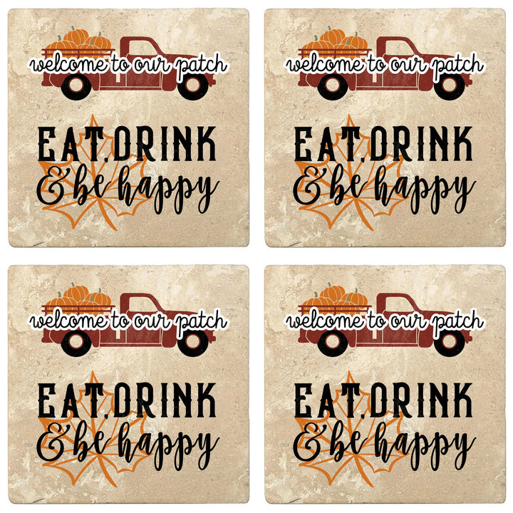 4" Absorbent Stone Fall Autumn Coasters, Welcome To Our Patch, Eat Drink & Be Happy, 2 Sets of 4, 8 Pieces - Christmas by Krebs Wholesale