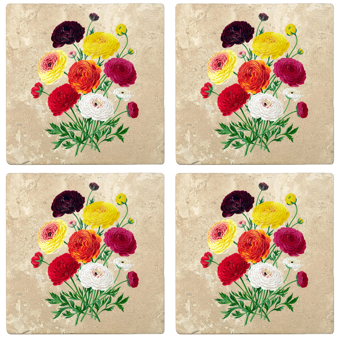 4" Absorbent Stone Flower Designs Drink Coasters, Double French Ranunculus Bouquet, 2 Sets of 4, 8 Pieces - Christmas by Krebs Wholesale