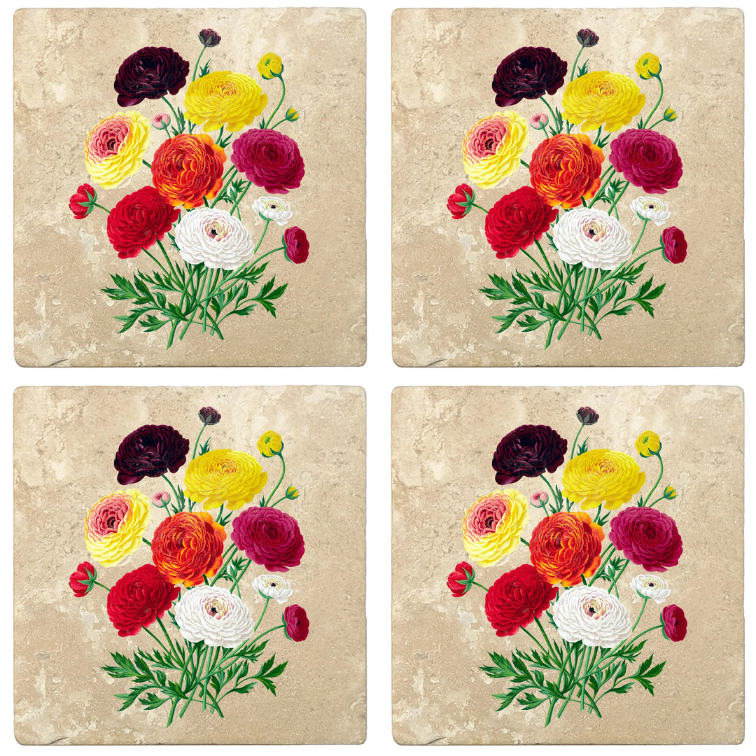 4" Absorbent Stone Flower Designs Drink Coasters, Double French Ranunculus Bouquet, 2 Sets of 4, 8 Pieces - Christmas by Krebs Wholesale