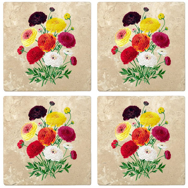 4" Absorbent Stone Flower Designs Drink Coasters, Double French Ranunculus Bouquet, 2 Sets of 4, 8 Pieces - Christmas by Krebs Wholesale