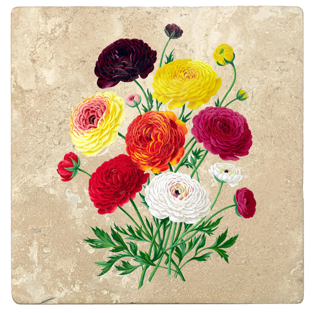 4" Absorbent Stone Flower Designs Drink Coasters, Double French Ranunculus Bouquet, 2 Sets of 4, 8 Pieces - Christmas by Krebs Wholesale
