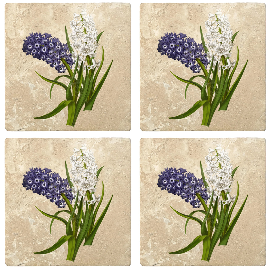 4" Absorbent Stone Flower Designs Drink Coasters, Purple White Hyacinths, 2 Sets of 4, 8 Pieces - Christmas by Krebs Wholesale