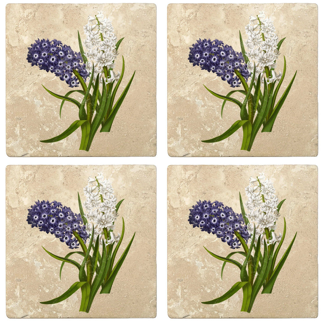 4" Absorbent Stone Flower Designs Drink Coasters, Purple White Hyacinths, 2 Sets of 4, 8 Pieces - Christmas by Krebs Wholesale