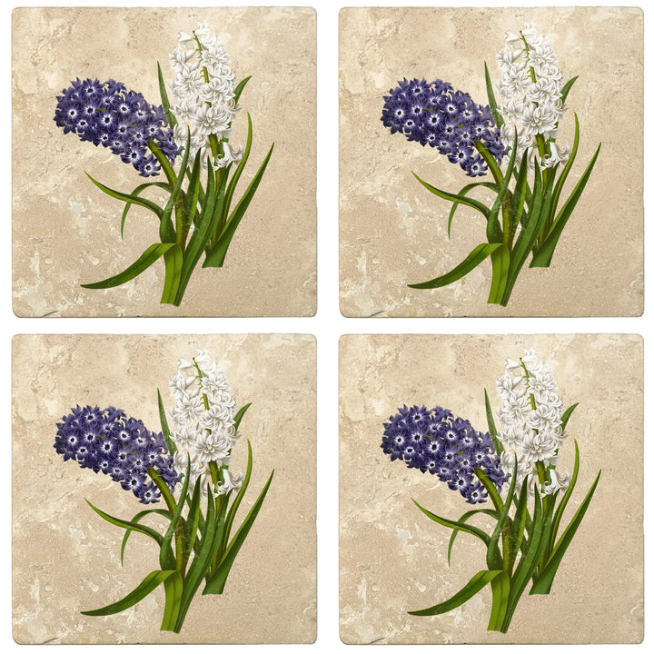 4" Absorbent Stone Flower Designs Drink Coasters, Purple White Hyacinths, 2 Sets of 4, 8 Pieces - Christmas by Krebs Wholesale