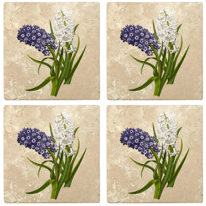 4" Absorbent Stone Flower Designs Drink Coasters, Purple White Hyacinths, 2 Sets of 4, 8 Pieces - Christmas by Krebs Wholesale