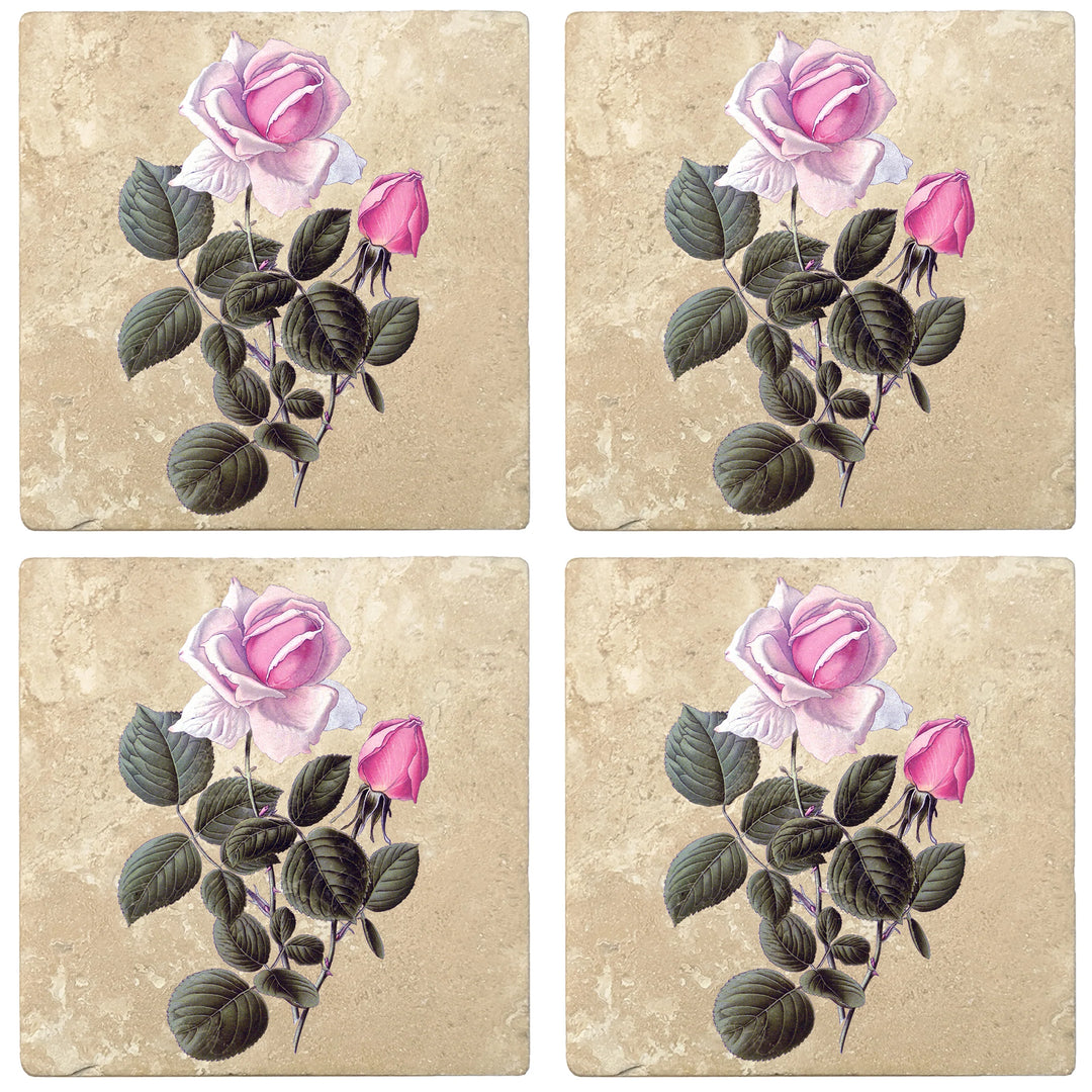 4" Absorbent Stone Flower Designs Drink Coasters, France Hybrid Tea Rose, 2 Sets of 4, 8 Pieces - Christmas by Krebs Wholesale