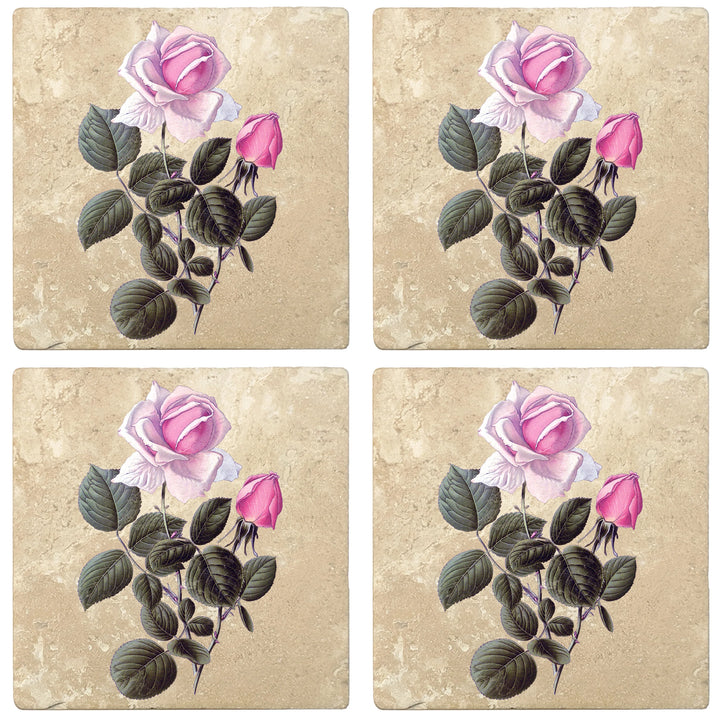 4" Absorbent Stone Flower Designs Drink Coasters, France Hybrid Tea Rose, 2 Sets of 4, 8 Pieces - Christmas by Krebs Wholesale