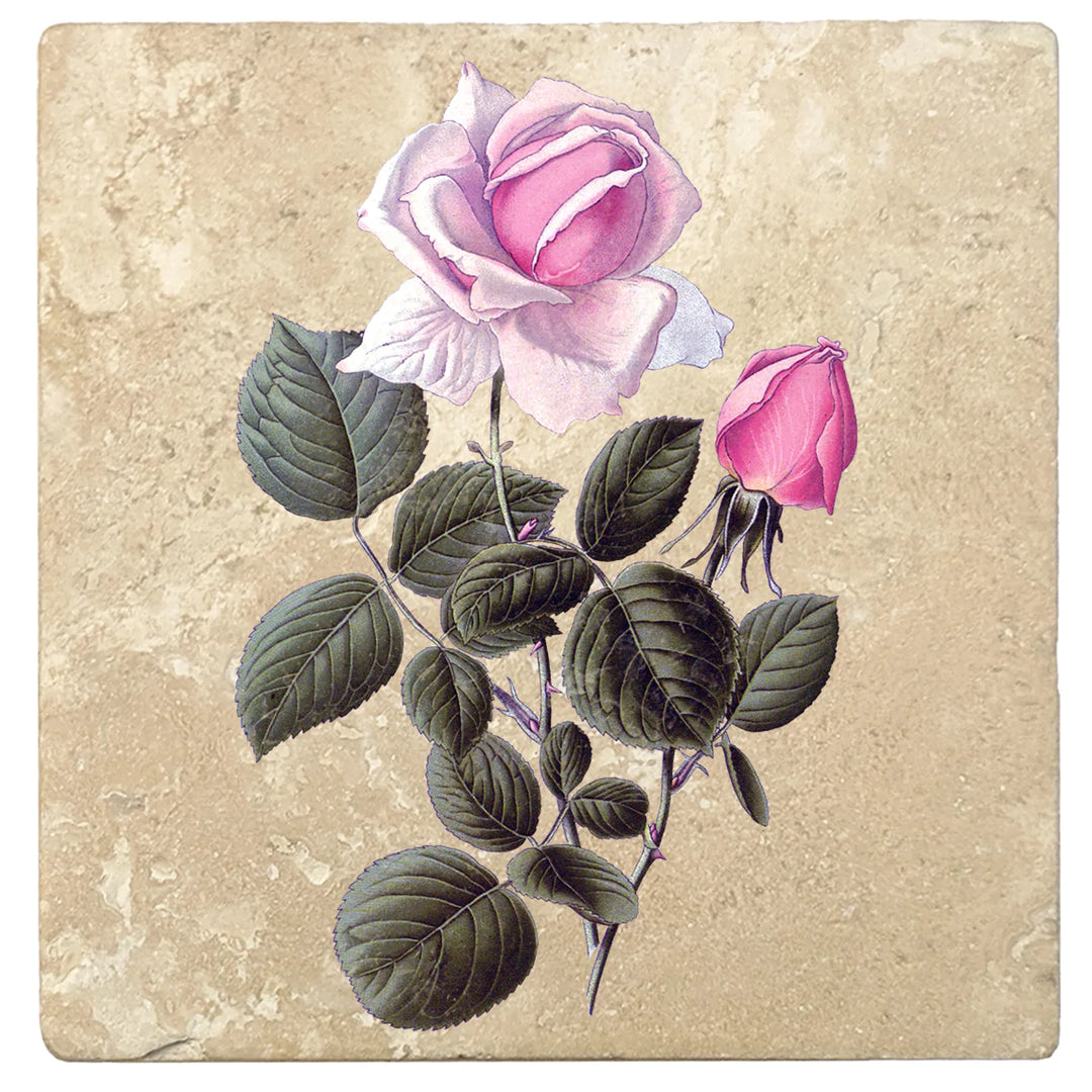 4" Absorbent Stone Flower Designs Drink Coasters, France Hybrid Tea Rose, 2 Sets of 4, 8 Pieces - Christmas by Krebs Wholesale