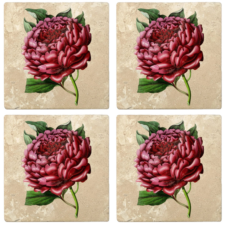 4" Absorbent Stone Flower Designs Drink Coasters, Red Charm Peony, 2 Sets of 4, 8 Pieces - Christmas by Krebs Wholesale