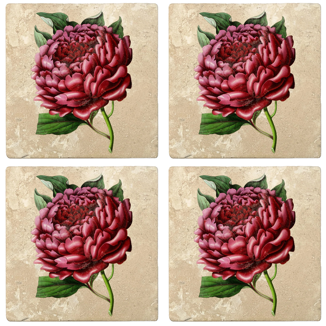 4" Absorbent Stone Flower Designs Drink Coasters, Red Charm Peony, 2 Sets of 4, 8 Pieces - Christmas by Krebs Wholesale