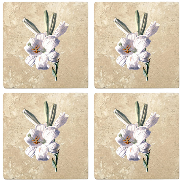4" Absorbent Stone Flower Designs Drink Coasters, White Lily, 2 Sets of 4, 8 Pieces - Christmas by Krebs Wholesale