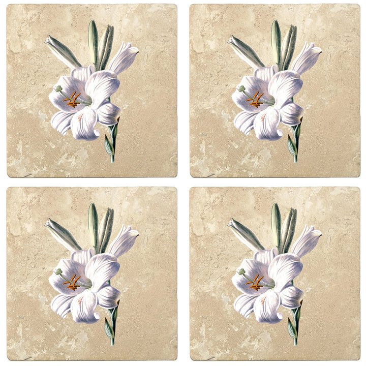4" Absorbent Stone Flower Designs Drink Coasters, White Lily, 2 Sets of 4, 8 Pieces - Christmas by Krebs Wholesale