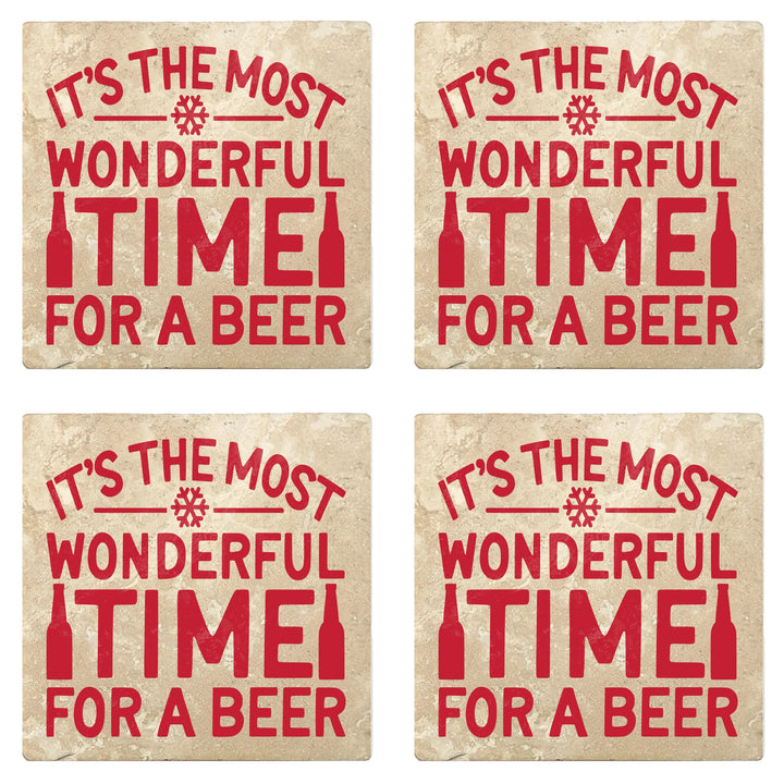 4" Absorbent Stone Christmas Drink Coasters, Its The Most Wonderful Time For A Beer, 2 Sets of 4, 8 Pieces - Christmas by Krebs Wholesale