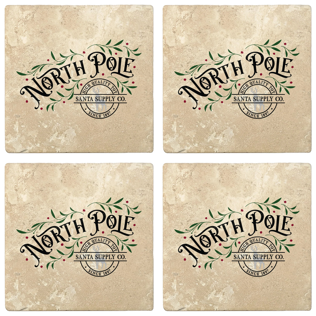 4" Absorbent Stone Christmas Drink Coasters, North Pole Santa Supply Company, 2 Sets of 4, 8 Pieces - Christmas by Krebs Wholesale