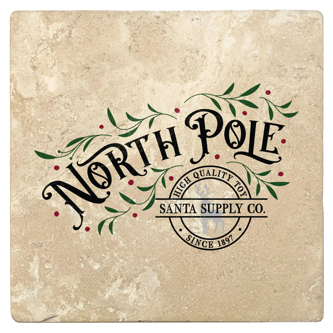 4" Absorbent Stone Christmas Drink Coasters, North Pole Santa Supply Company, 2 Sets of 4, 8 Pieces - Christmas by Krebs Wholesale