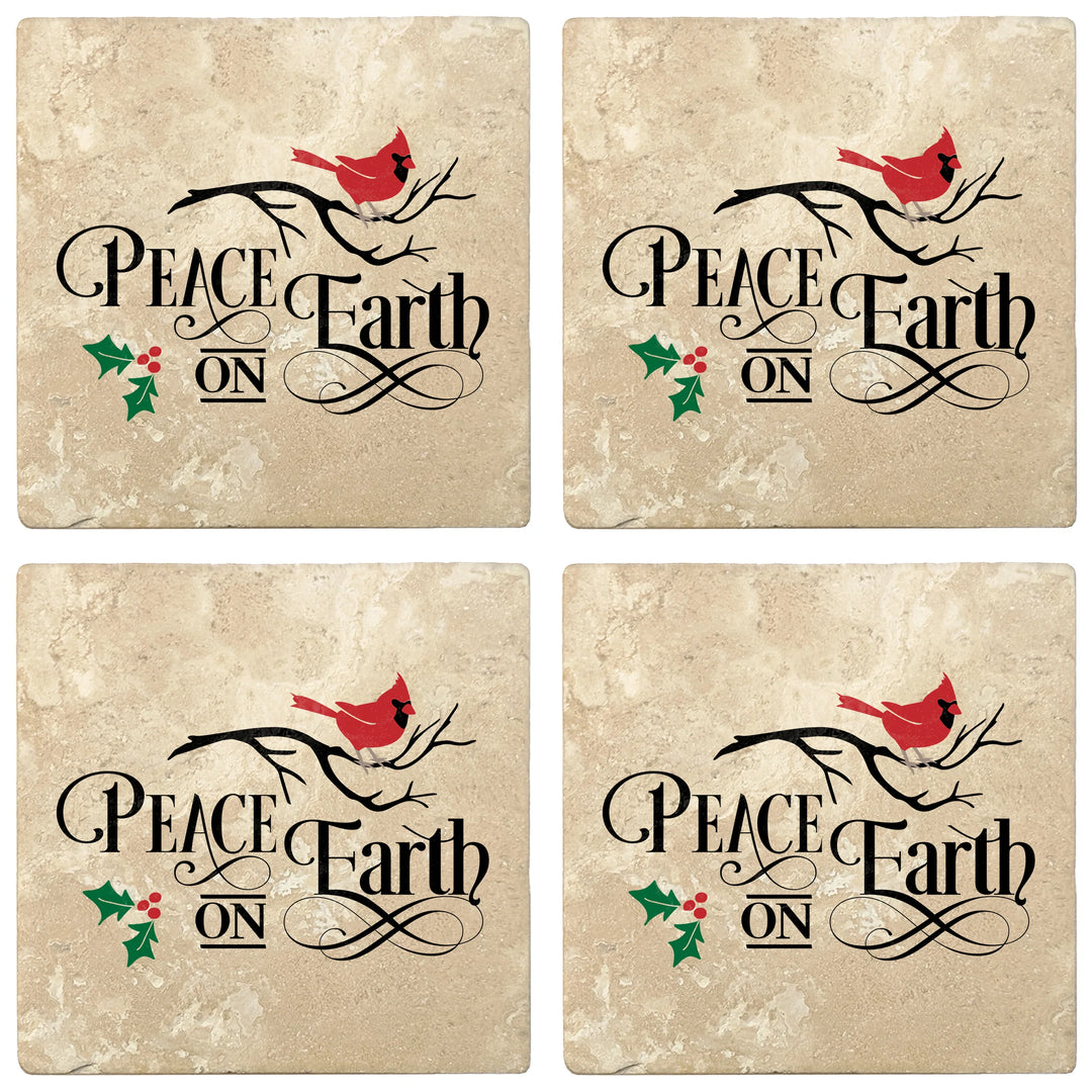 4" Absorbent Stone Christmas Drink Coasters, Peace on Earth, 2 Sets of 4, 8 Pieces - Christmas by Krebs Wholesale
