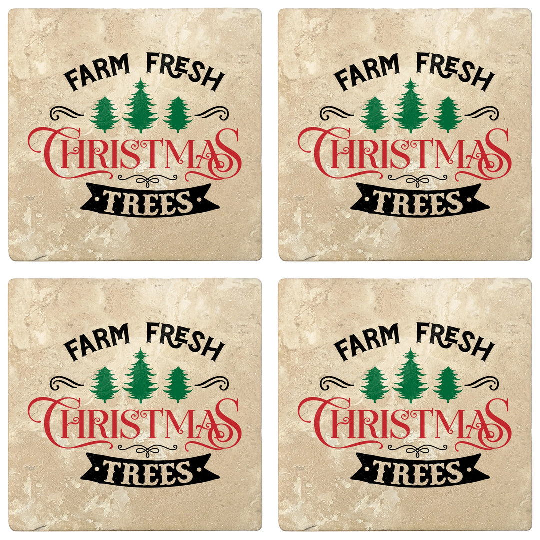 4" Absorbent Stone Christmas Drink Coasters, Farm Fresh Christmas Trees, 2 Sets of 4, 8 Pieces - Christmas by Krebs Wholesale
