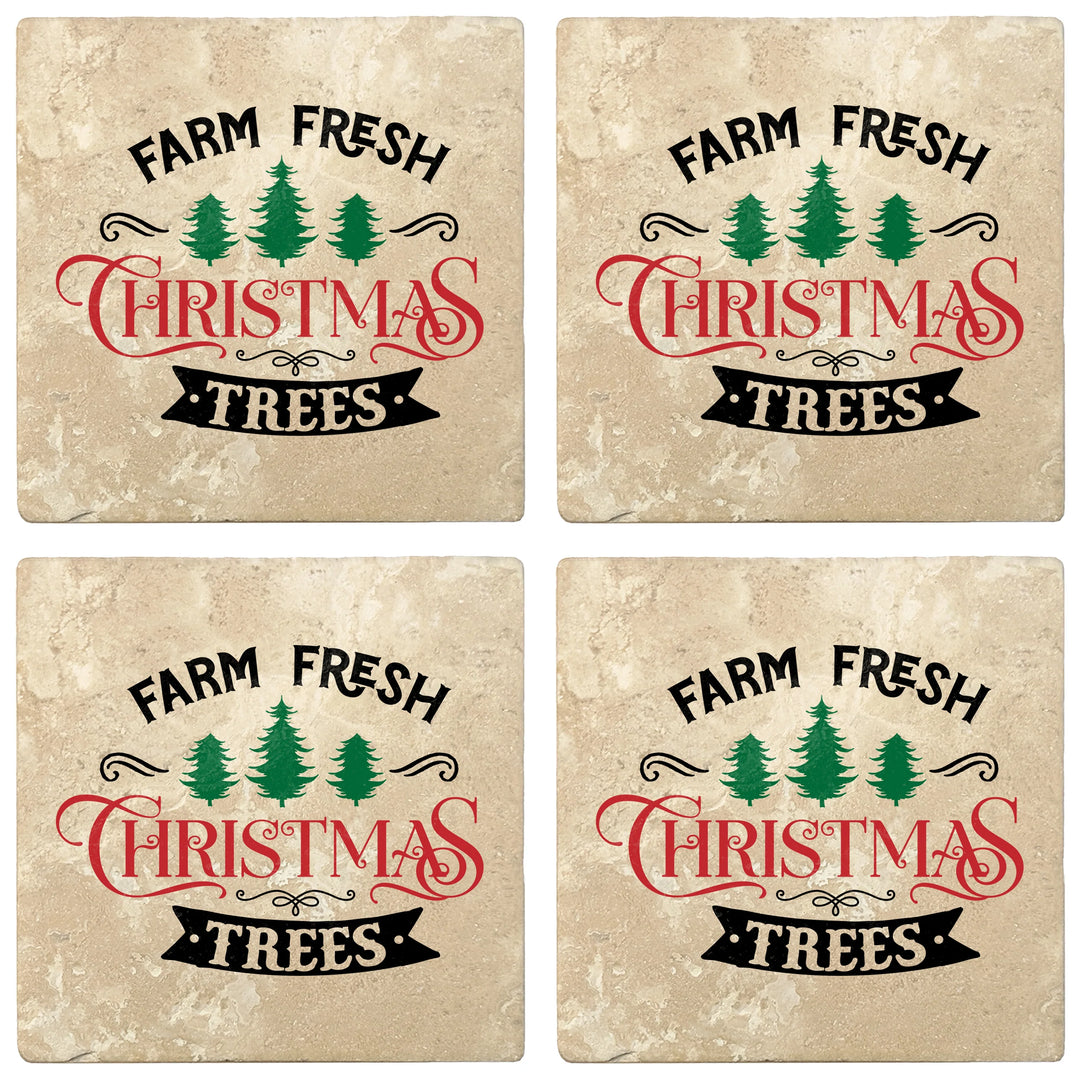 4" Absorbent Stone Christmas Drink Coasters, Farm Fresh Christmas Trees, 2 Sets of 4, 8 Pieces - Christmas by Krebs Wholesale