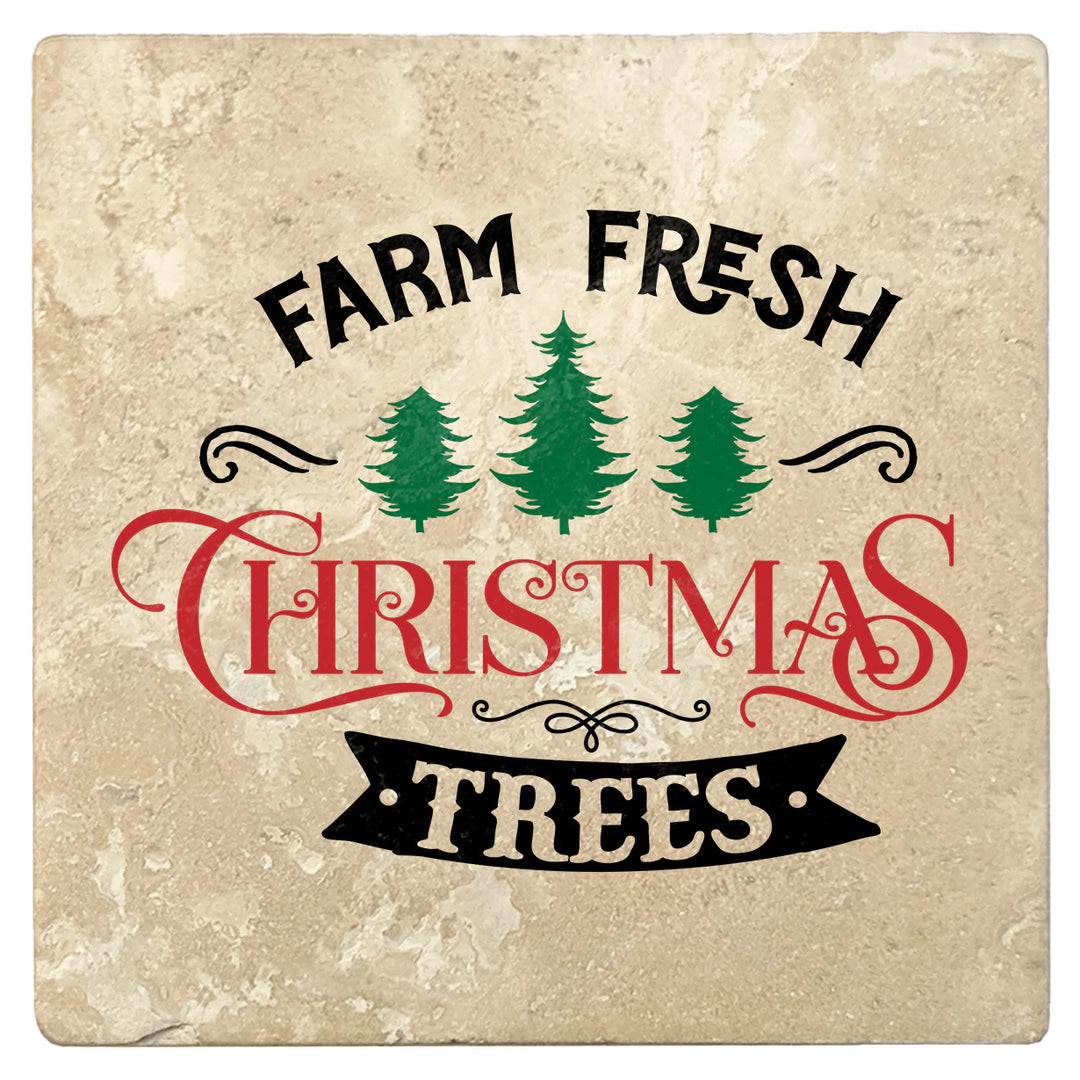 4" Absorbent Stone Christmas Drink Coasters, Farm Fresh Christmas Trees, 2 Sets of 4, 8 Pieces - Christmas by Krebs Wholesale