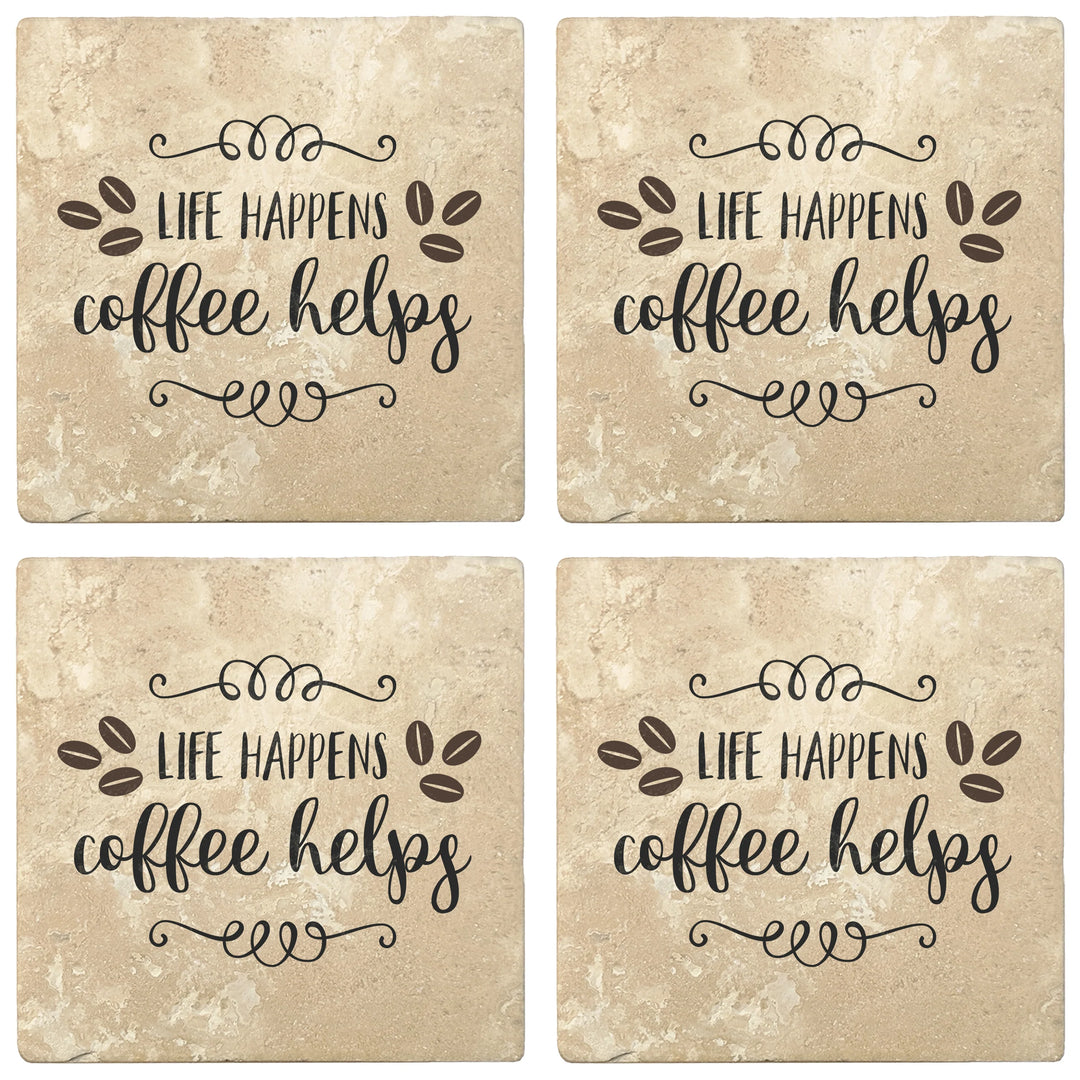 4" Absorbent Stone Coffee Gift Coasters, Life Happens Coffee Helps, 2 Sets of 4, 8 Pieces - Christmas by Krebs Wholesale