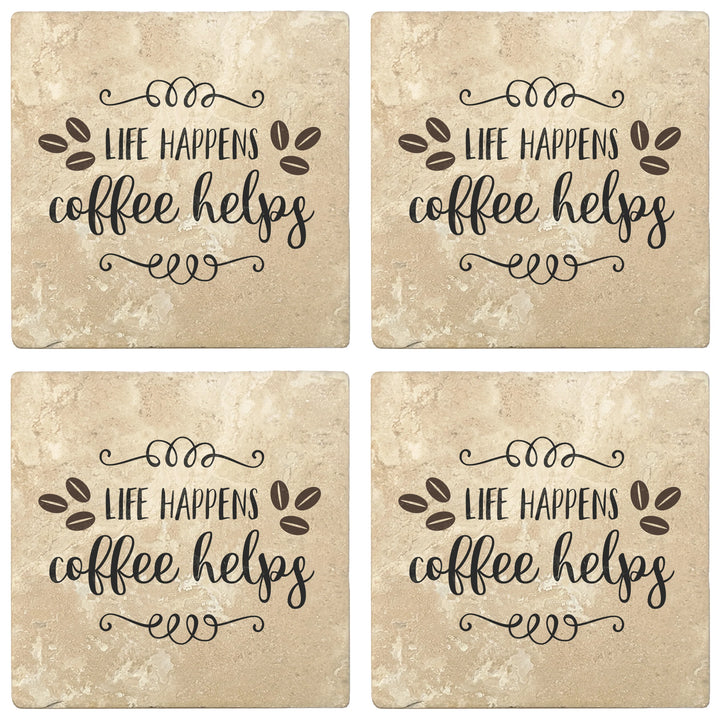 4" Absorbent Stone Coffee Gift Coasters, Life Happens Coffee Helps, 2 Sets of 4, 8 Pieces - Christmas by Krebs Wholesale