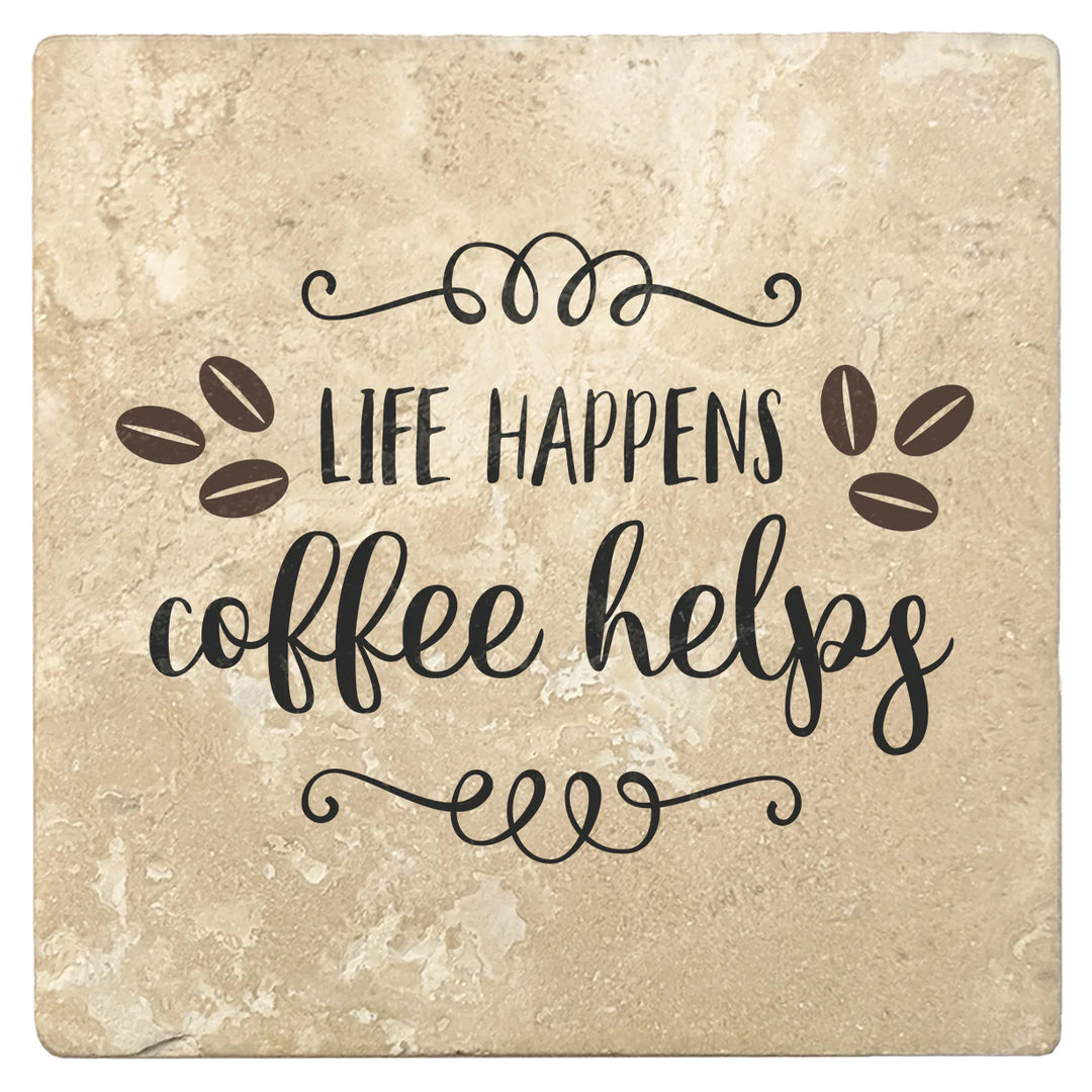 4" Absorbent Stone Coffee Gift Coasters, Life Happens Coffee Helps, 2 Sets of 4, 8 Pieces - Christmas by Krebs Wholesale