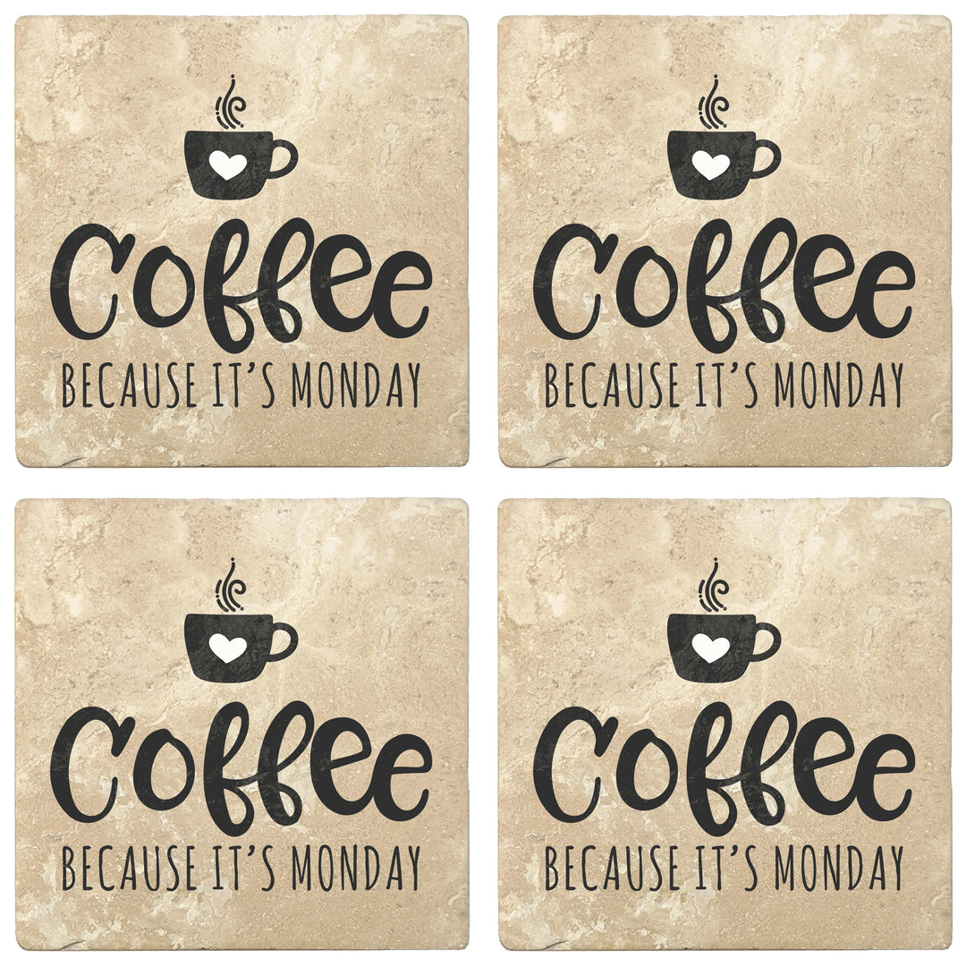 4" Absorbent Stone Coffee Gift Coasters, Coffee Because It's Monday, 2 Sets of 4, 8 Pieces - Christmas by Krebs Wholesale