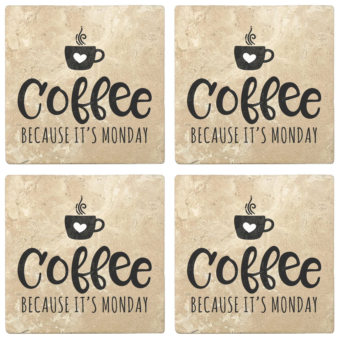 4" Absorbent Stone Coffee Gift Coasters, Coffee Because It's Monday, 2 Sets of 4, 8 Pieces - Christmas by Krebs Wholesale