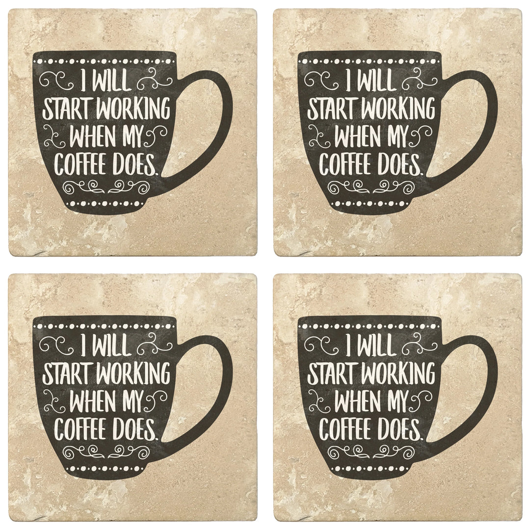 4" Absorbent Stone Coffee Gift Coasters, I Work When My Coffee Does, 2 Sets of 4, 8 Pieces - Christmas by Krebs Wholesale