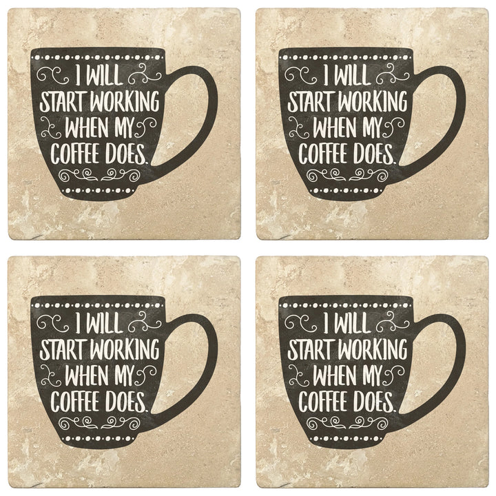 4" Absorbent Stone Coffee Gift Coasters, I Work When My Coffee Does, 2 Sets of 4, 8 Pieces - Christmas by Krebs Wholesale