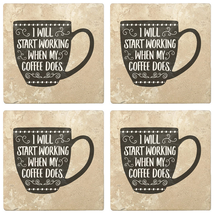 4" Absorbent Stone Coffee Gift Coasters, I Work When My Coffee Does, 2 Sets of 4, 8 Pieces - Christmas by Krebs Wholesale